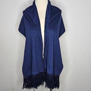 Vintage Baar & Beards New York Wool Navy Blue Fringe Scarf Classic Wrap Fringe